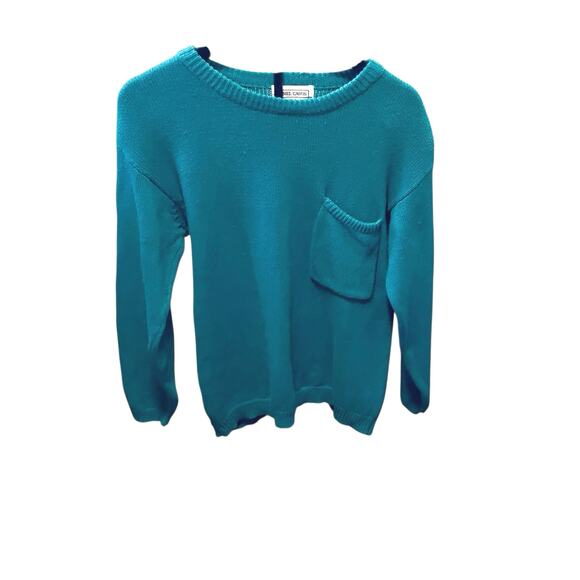 VTG 80s Small Daniel Caron Ramie Cotton Teal Green Crewneck Knit Sweater Pocket - Picture 5 of 14